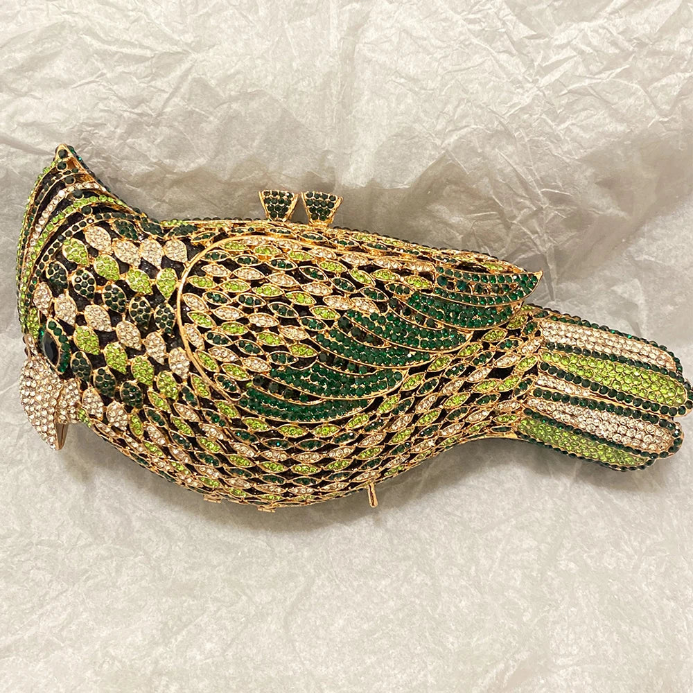 Muschibitch Crystal Bird Clutch – Luxury Rhinestone Parrot Designer Evening Bag