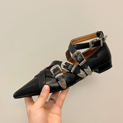 Punkgräfin Buckle Flats – Punk Leder Ballerinas mit Metall Schnallen