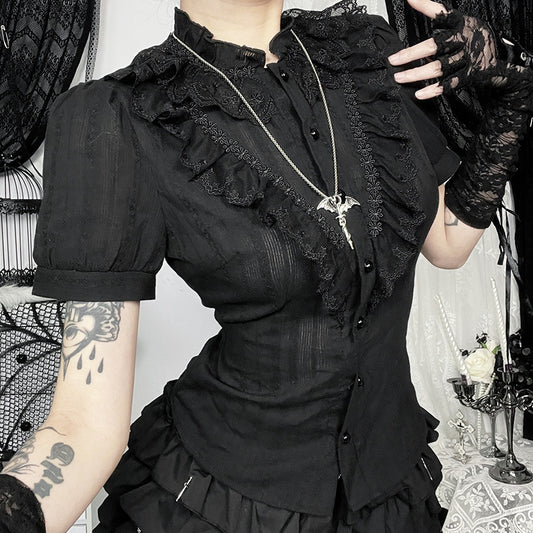 Gothicbro Dark-Romantic Top mit Stehkragen und Kurzarm Gothic Bluse