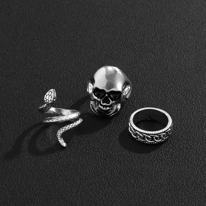 Totenkopf & Schlangen Ring Set – Punk Skull Snake Retro Ring Set Silber