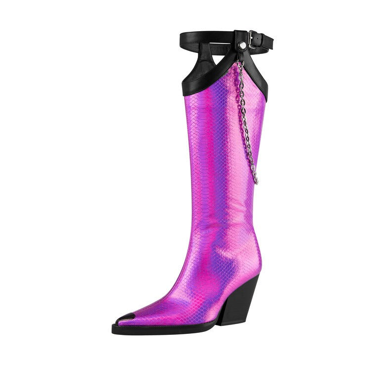 Punkgräfin Pink Metallic Cowboy Boots – Punk Designer Kniehohe Stiefel mit Kette