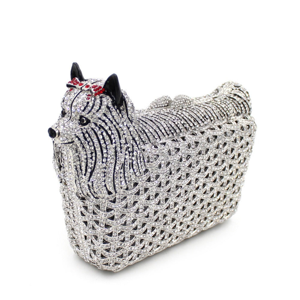 Muschibitch Crystal Puppy Clutch – Luxury Rhinestone Dog Designer Evening Bag