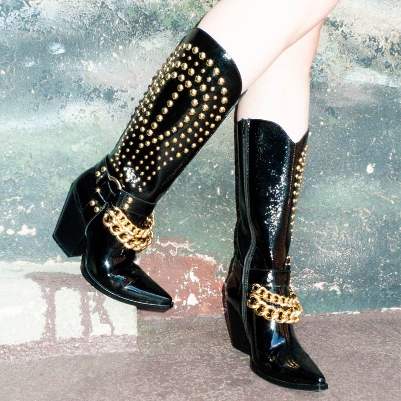 Punkgräfin Knight Boots – Punk Western Cowboy Stiefel Schwarz mit Nieten & Kette