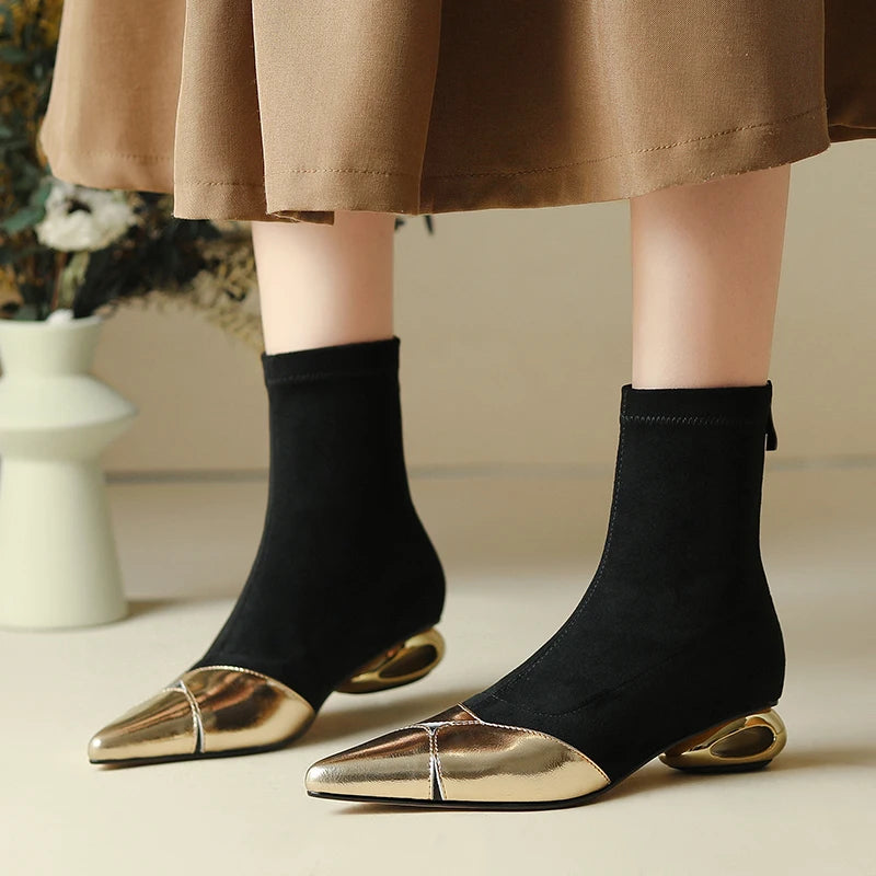Punkgräfin Sock Boots Damen Schwarz Gold / Silber – Designer Ankle Boots mit Metallic Spitze
