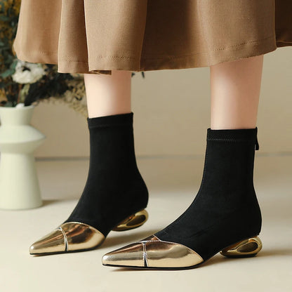 Punkgräfin Sock Boots Damen Schwarz Gold / Silber – Designer Ankle Boots mit Metallic Spitze