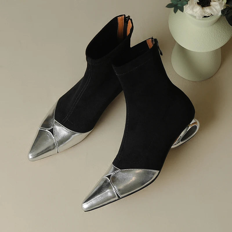 Punkgräfin Sock Boots Damen Schwarz Gold / Silber – Designer Ankle Boots mit Metallic Spitze