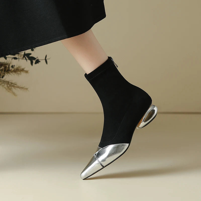 Punkgräfin Sock Boots Damen Schwarz Gold / Silber – Designer Ankle Boots mit Metallic Spitze