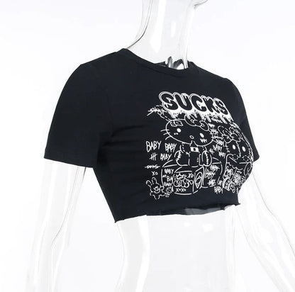 Punkgräfin Gothic Kitty Crop Top – Cute Goth Cartoon Shirt