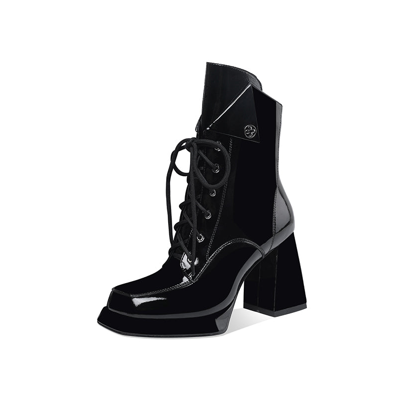 Punkgräfin Platform Boots  – Gothic Patent Leder Stiefeletten mit 9 cm Blockabsatz