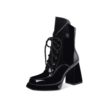 Punkgräfin Platform Boots  – Gothic Patent Leder Stiefeletten mit 9 cm Blockabsatz