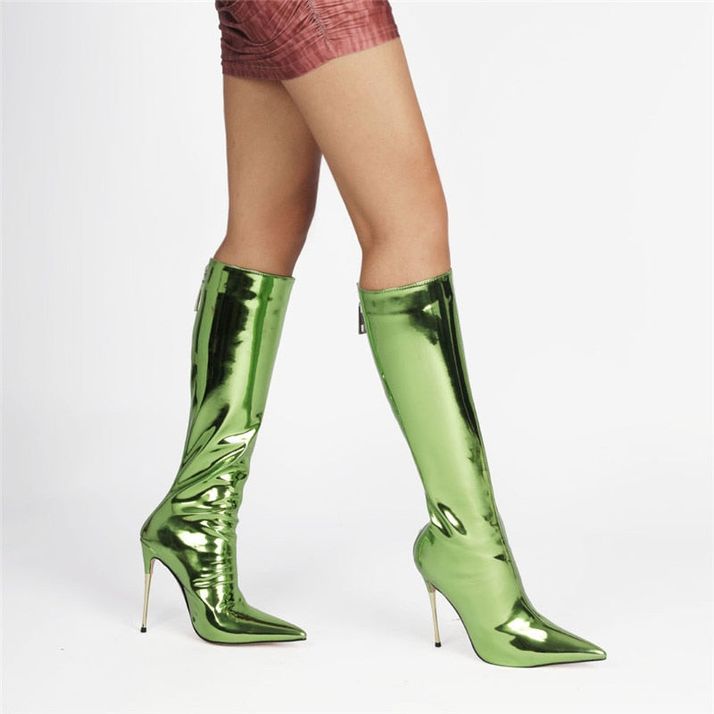 Punkgräfin Metallic Stiletto Glam Boots – High Heel Knie Stiefel Damen