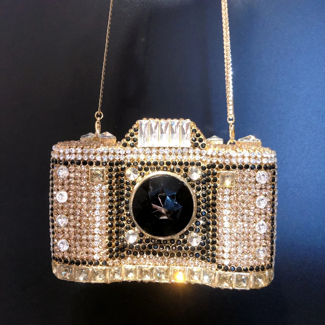 Muschibitch Crystal Camera Clutch – Luxury Rhinestone Designer Evening Bag