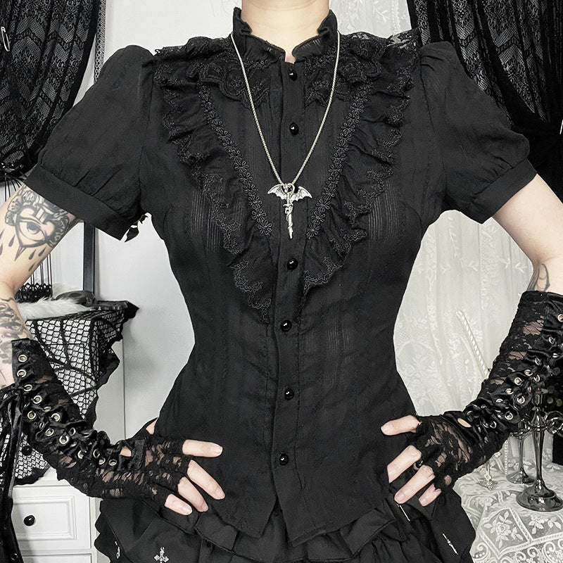 Gothicbro Dark-Romantic Top mit Stehkragen und Kurzarm Gothic Bluse