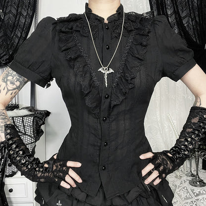 Gothicbro Dark-Romantic Top mit Stehkragen und Kurzarm Gothic Bluse