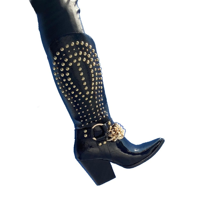 Punkgräfin Knight Boots – Punk Western Cowboy Stiefel Schwarz mit Nieten & Kette