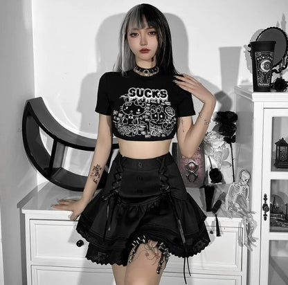 Punkgräfin Gothic Kitty Crop Top – Cute Goth Cartoon Shirt