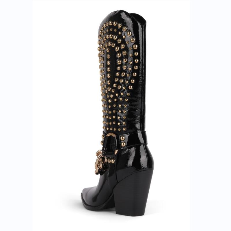Punkgräfin Knight Boots – Punk Western Cowboy Stiefel Schwarz mit Nieten & Kette