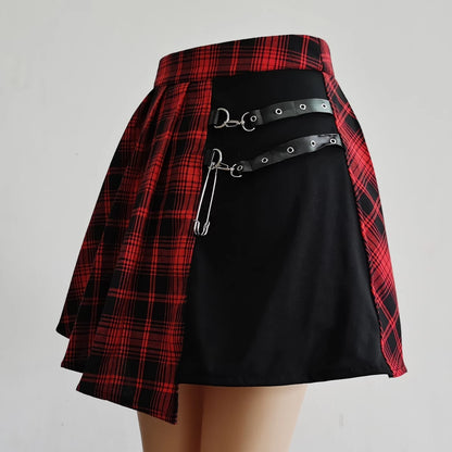 Punkgräfin Karierter Minirock Damen – Gothic Plaid Rock mit Riemen