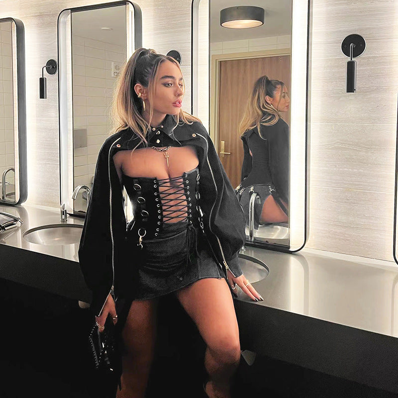 Muschibitch Corsage Gothic Set, sexy 3 Teiler - Crop Jacke mit Harness Look