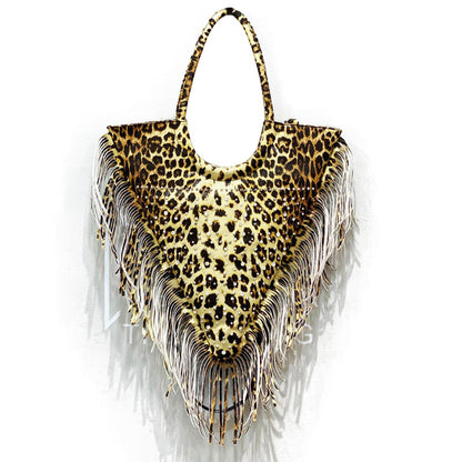 Muschibitch Rivet Fringe Tote – Leopard & Black Retro Designer Shoulder Bag