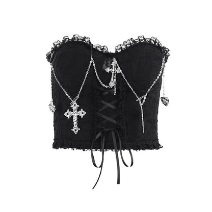 Gothicbro Gothic Korsett Top – Dark Cross Chain Lace Bustier