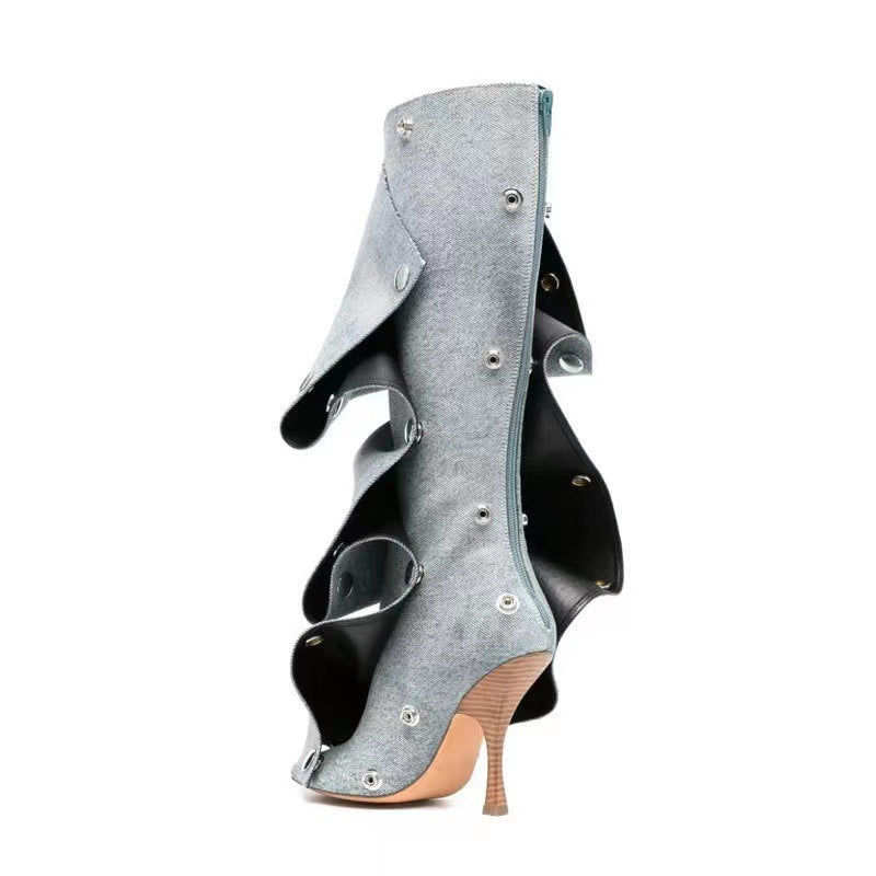 Punkgräfin Gothic Designer Boots – Irregular Punk Kniehohe Stiefel, braun & blau
