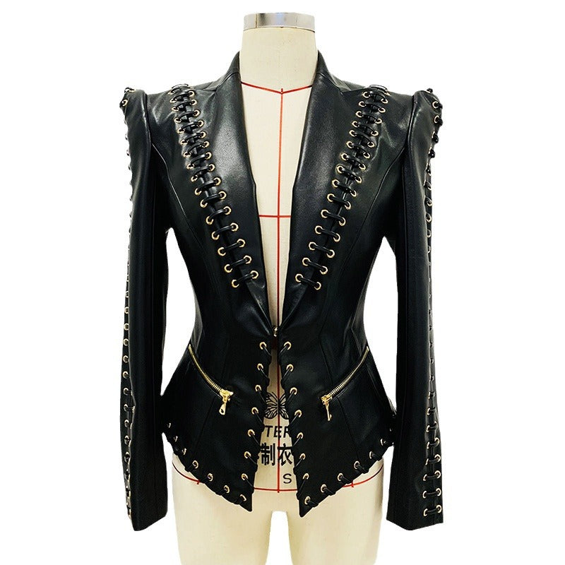 Punkgräfin Lace-Up Lederblazer – Designer Faux Leather Jacket