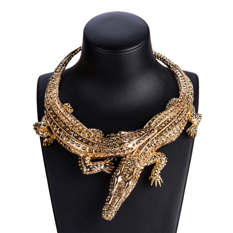 Krokodil Statement Halskette mit Kristallen – Luxus Crocodile Necklace Gold Silber
