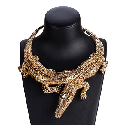 Krokodil Statement Halskette mit Kristallen – Luxus Crocodile Necklace Gold Silber