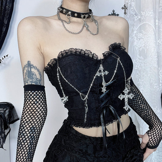 Gothicbro Gothic Korsett Top – Dark Cross Chain Lace Bustier