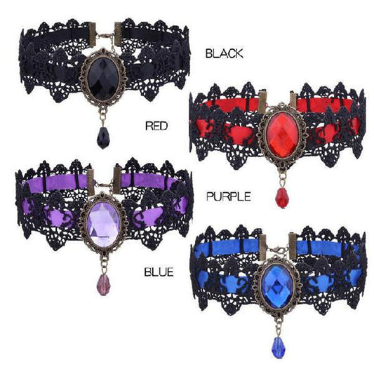 Viktorianischer Lace Choker mit Kristall Anhänger - Gothic Spitzen Halskette