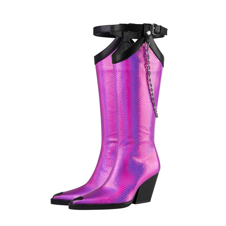 Punkgräfin Pink Metallic Cowboy Boots – Punk Designer Kniehohe Stiefel mit Kette