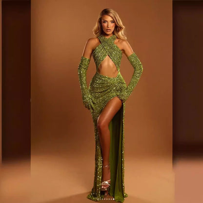 Muschibitch Glamour Pailletten Abendkleid Grün – Sexy Halter Dress mit Schlitz