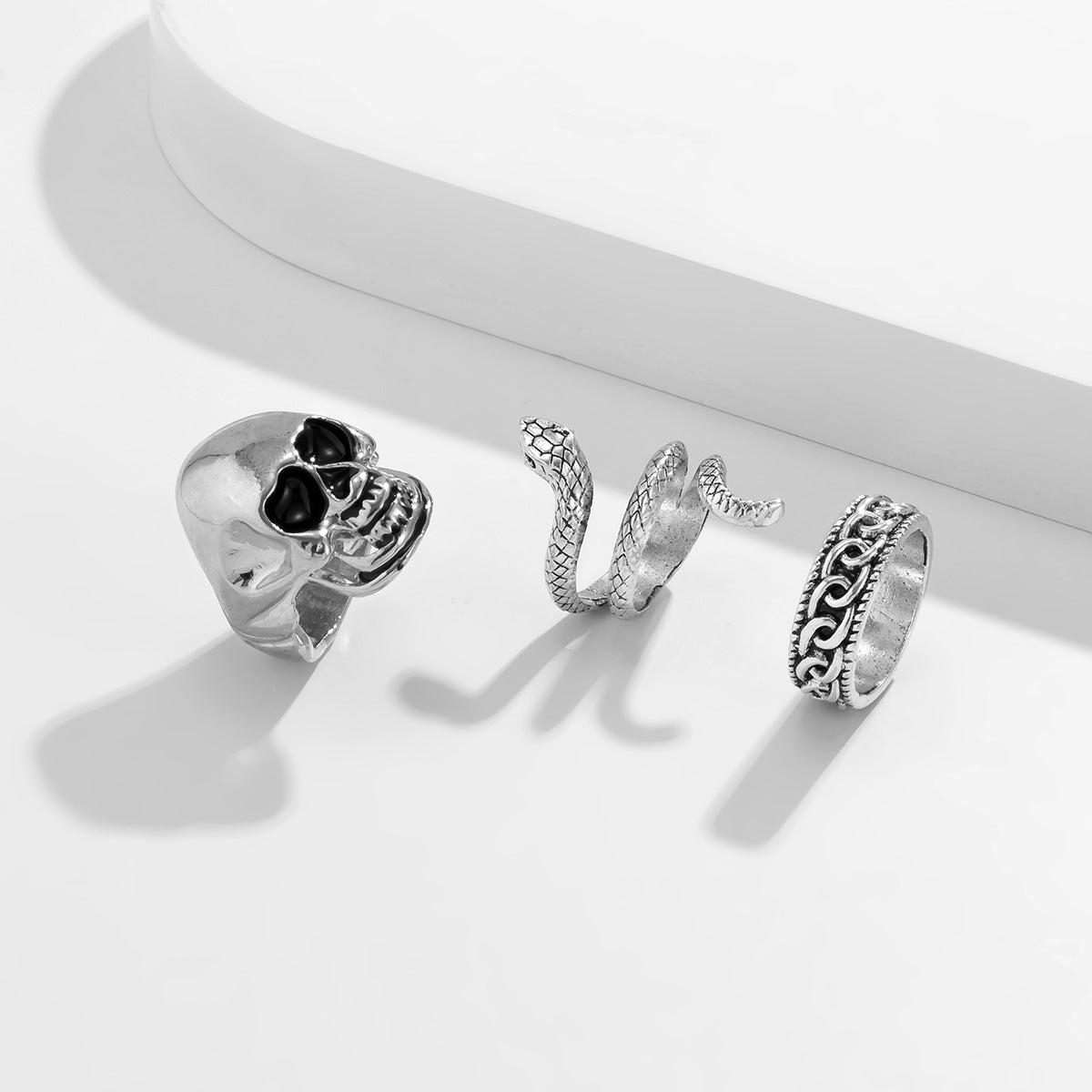 Totenkopf & Schlangen Ring Set – Punk Skull Snake Retro Ring Set Silber