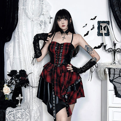 Punkgräfin Punk Kleid Rot Schwarz – Gothic Karo Corset Mini Dress
