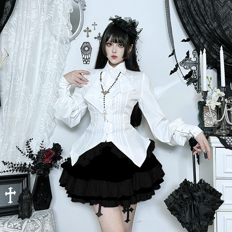 Gothicbro Gothic Lolita Bluse Weiß, Viktorianische Rüschenbluse mit Laternenärmeln