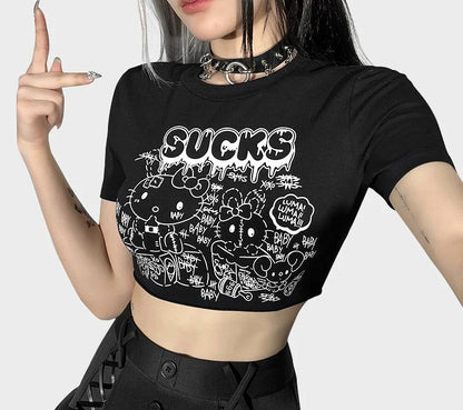 Punkgräfin Gothic Kitty Crop Top – Cute Goth Cartoon Shirt