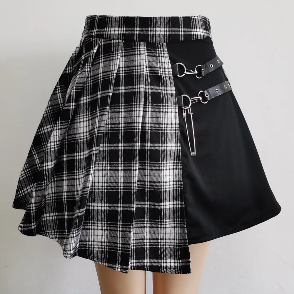 Punkgräfin Karierter Minirock Damen – Gothic Plaid Rock mit Riemen