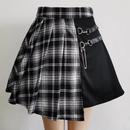 Punkgräfin Karierter Minirock Damen – Gothic Plaid Rock mit Riemen