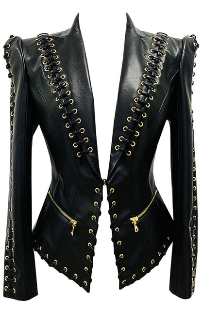 Punkgräfin Lace-Up Lederblazer – Designer Faux Leather Jacket