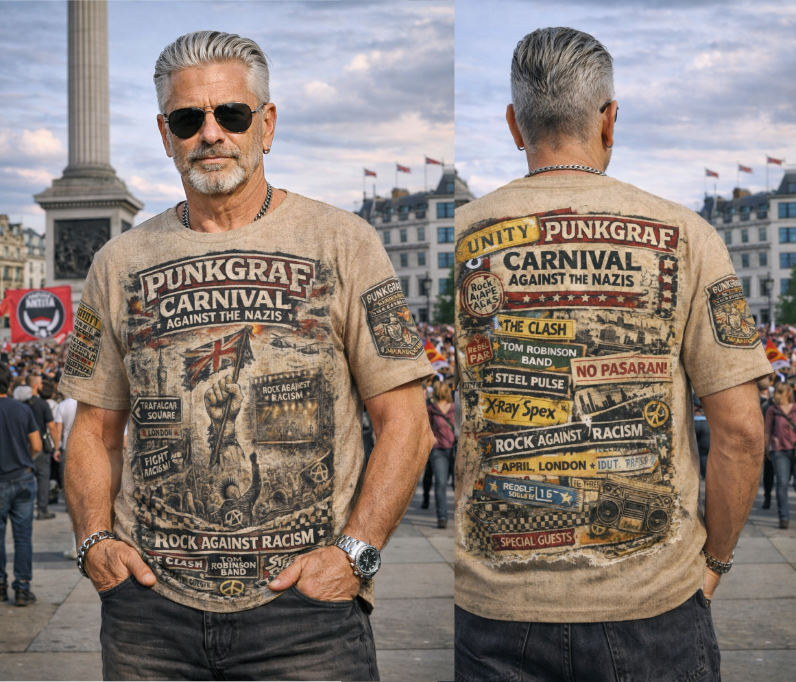 Rock Against Racism Shirt, Carnival Against the Nazis, Punkgraf AOP T-Shirt – London 1978 Trafalgar Square Victoria Park, Punk Reggae Unity