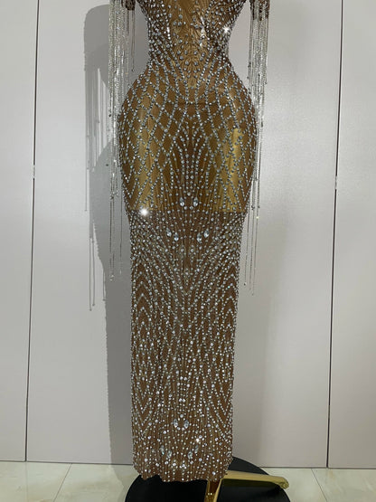 Muschibitch Funkelndes Gala Luxus Glitzer Strass Kleid Transparent Abendkleid Sexy Mesh Glamour Partykleid