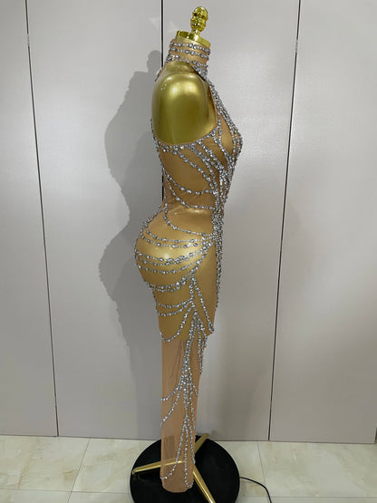 Muschibitch Sexy Luxus Gold Strass Kleid Transparent Abendkleid Club Glam