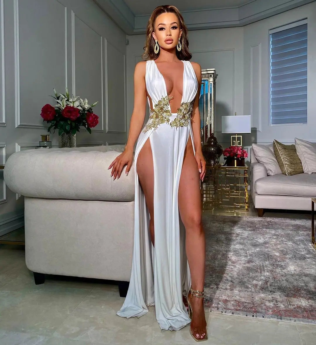 Muschibitch Abendkleid Damen Elegant Maxi Kleid Tiefer V Ausschnitt Rückenfrei Cocktailkleid