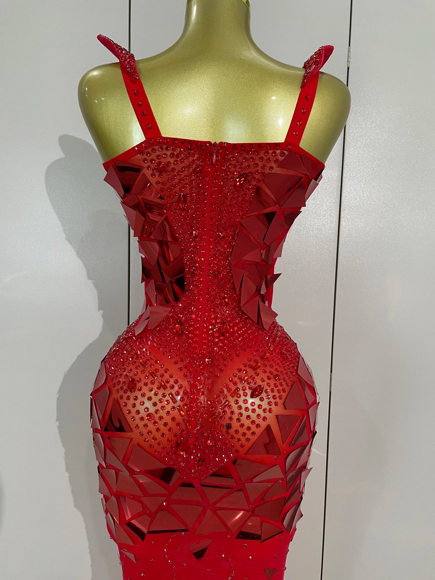 Muschibitch Luxus Abendkleid Rot Strass Spiegel Bodycon Glam Dress