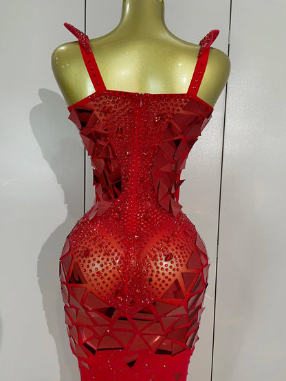 Muschibitch Luxus Abendkleid Rot Strass Spiegel Bodycon Glam Dress