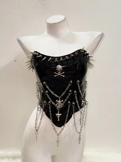Punkgräfin Bustier Top – Gothic Punk Y2K Skull Tank Velvet Violence