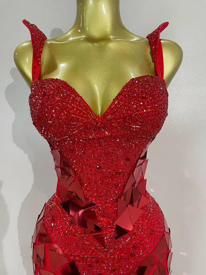 Muschibitch Luxus Abendkleid Rot Strass Spiegel Bodycon Glam Dress