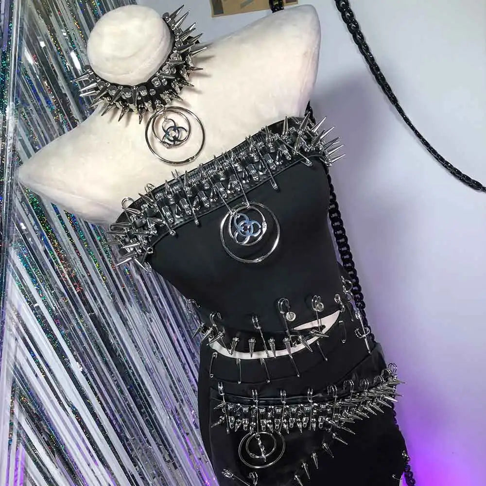 Punkgräfin Gothic Strapless Kleid – Y2K O-Ring Nieten Dress