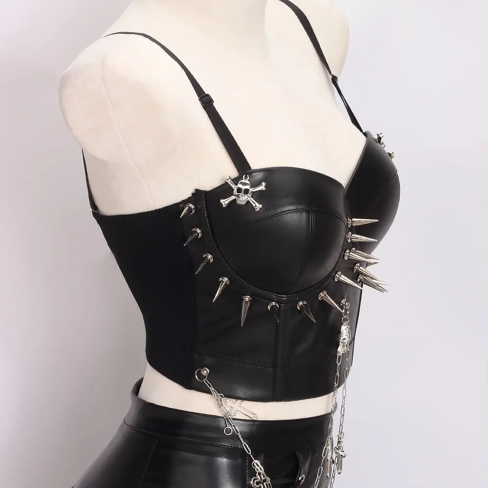 Punkgräfin Spike Corset Top Schwarz – Goth Punk Leder Bustier mit Ketten & Nieten